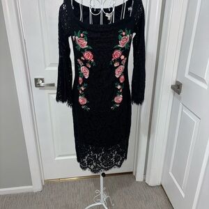 Umgee Black Lace Dress with Pink Floral Design